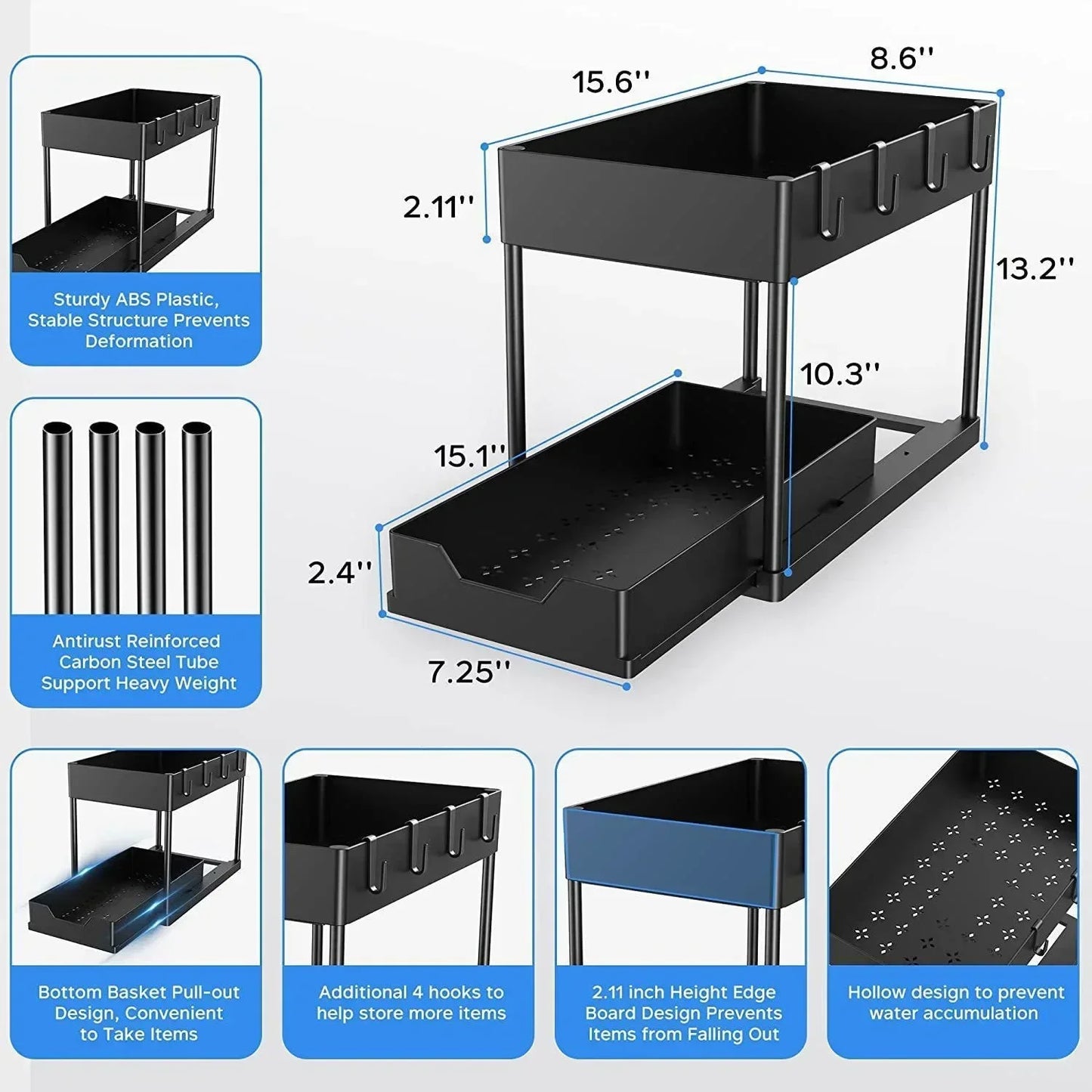 Under Sink Organizer Sliding Cabinet Basket Organizer Storage Rack with Hooks Hanging Cup Bathroom Kitchen Organizer