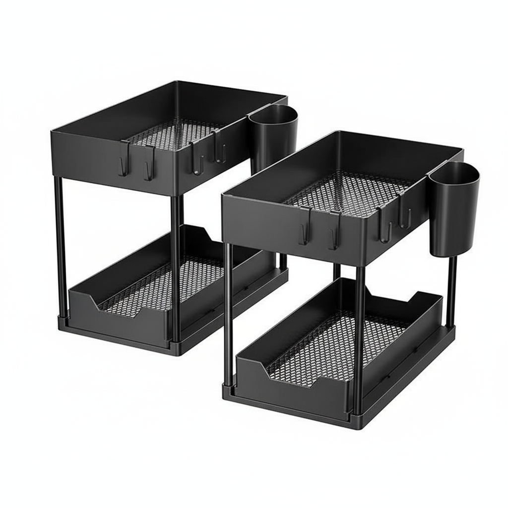 Under Sink Organizer Sliding Cabinet Basket Organizer Storage Rack with Hooks Hanging Cup Bathroom Kitchen Organizer