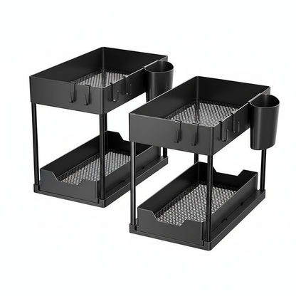 Under Sink Organizer Sliding Cabinet Basket Organizer Storage Rack with Hooks Hanging Cup Bathroom Kitchen Organizer