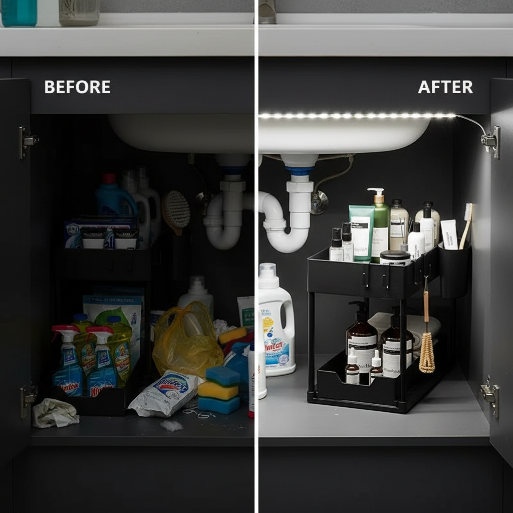 Under Sink Organizer Sliding Cabinet Basket Organizer Storage Rack with Hooks Hanging Cup Bathroom Kitchen Organizer