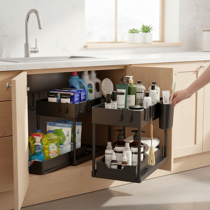 Under Sink Organizer Sliding Cabinet Basket Organizer Storage Rack with Hooks Hanging Cup Bathroom Kitchen Organizer