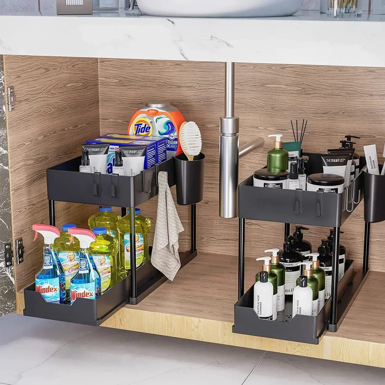 Under Sink Organizer Sliding Cabinet Basket Organizer Storage Rack with Hooks Hanging Cup Bathroom Kitchen Organizer